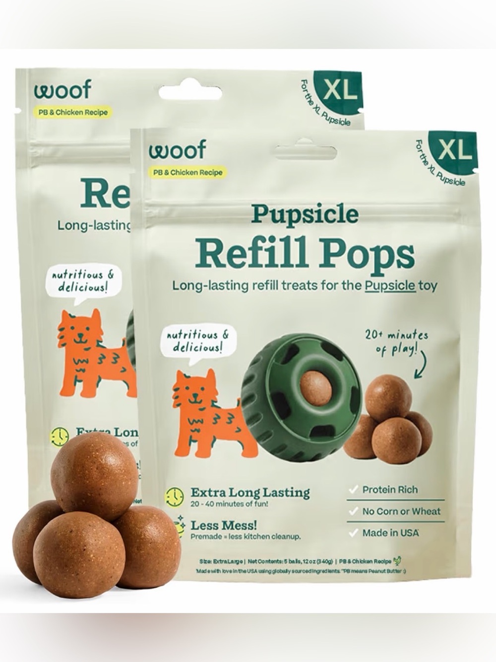 2~WOOF Pupsicle Refill Pops-Low-Mess Dog Snacks-with Peanut Butter & Chicken XL